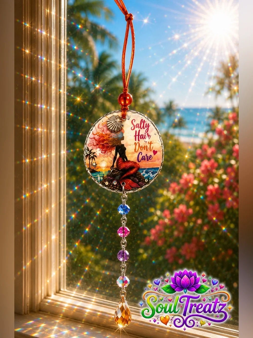 Decoupage Mermaid 'Salty Hair Don't Care' Crystal Sand Dollar Suncatcher
